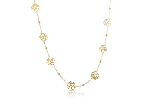 Colar Longo com Bolinha e Flor Folheado em Ouro 18k