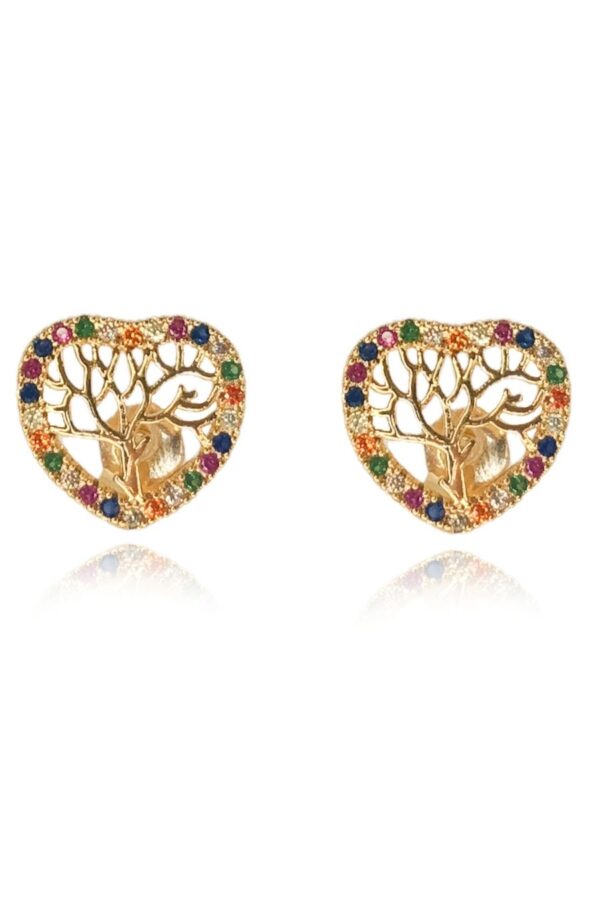 Brinco Coração Com Zirconia Colorida E árvore Da Vida Folheado Em Ouro 18k