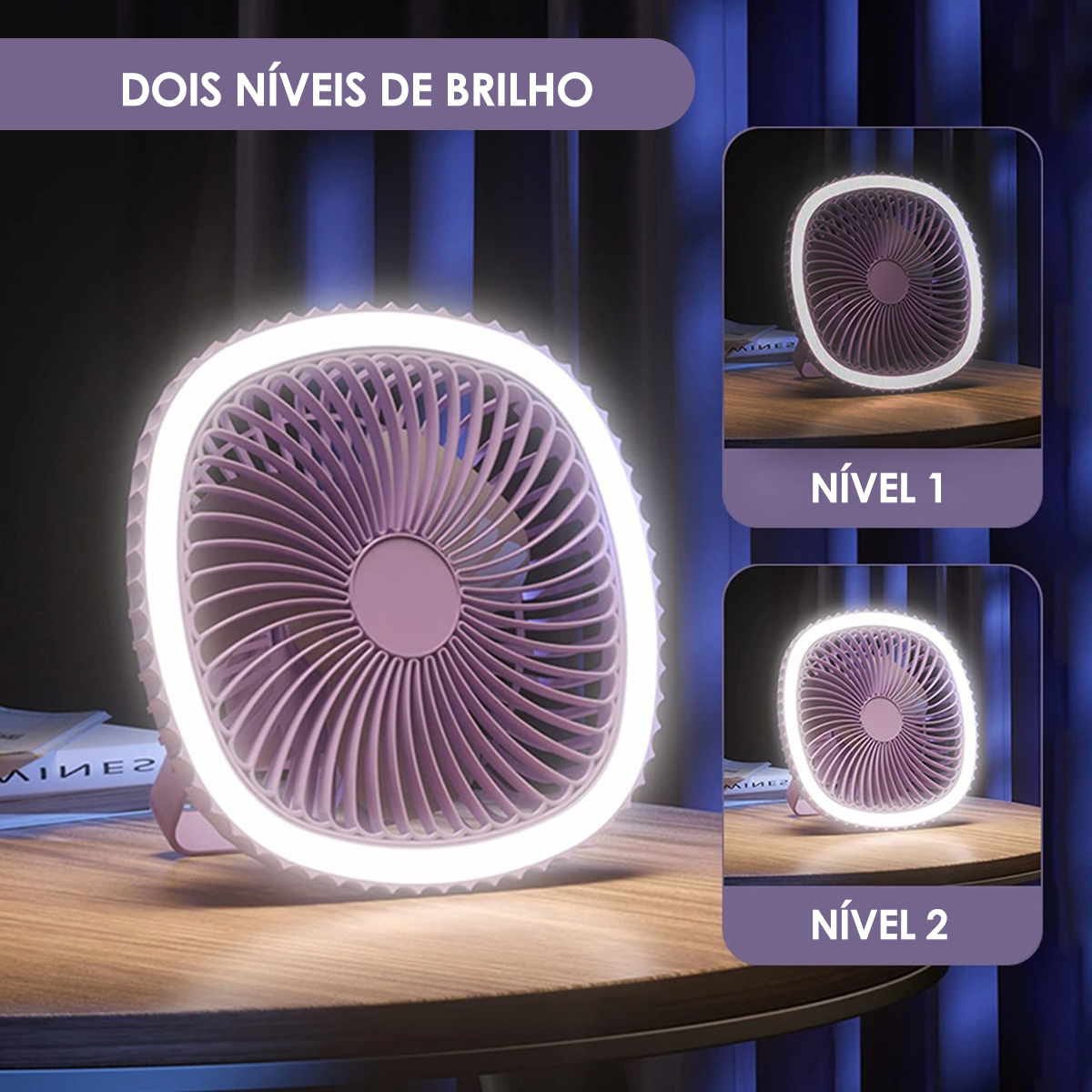 Mini Ventilador Mesa Luz Ring Light Usb Portátil Cor:Lilás - Imagem 2