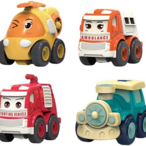 Kit 4 Carrinhos Educativos Infantis Veículos de Brinquedo para Bebês e Crianças Pequenas Ambulância, Bombeiro, Trem, Helicóptero Resistente e Seguro para Presente