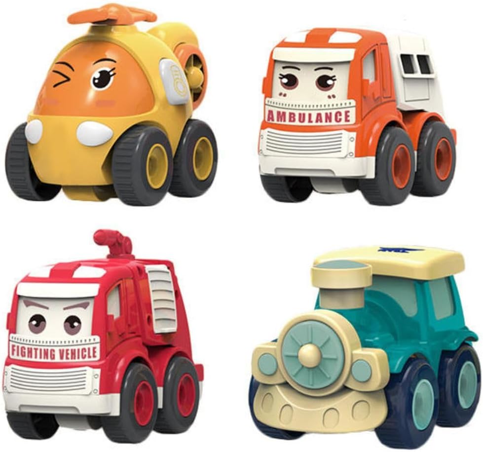 Kit 4 Carrinhos Educativos Infantis Veículos de Brinquedo para Bebês e Crianças Pequenas Ambulância, Bombeiro, Trem, Helicóptero Resistente e Seguro para Presente
