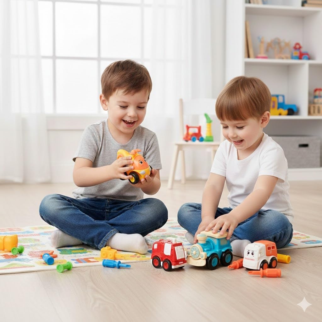 Kit 4 Carrinhos Educativos Infantis Veículos de Brinquedo para Bebês e Crianças Pequenas Ambulância, Bombeiro, Trem, Helicóptero Resistente e Seguro para Presente - Imagem 2
