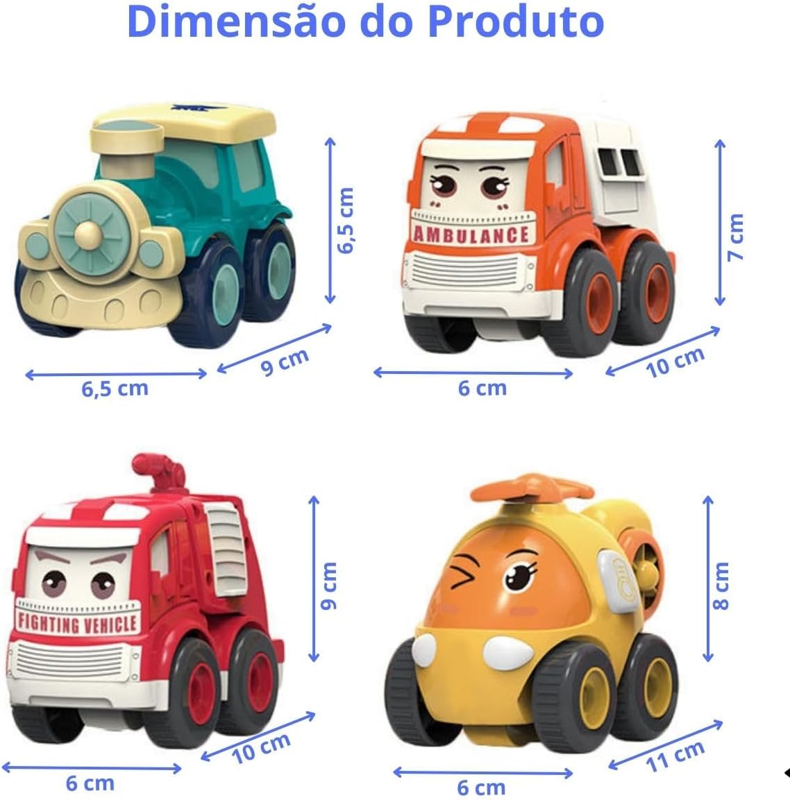 Kit 4 Carrinhos Educativos Infantis Veículos de Brinquedo para Bebês e Crianças Pequenas Ambulância, Bombeiro, Trem, Helicóptero Resistente e Seguro para Presente - Imagem 3