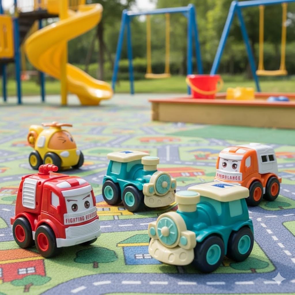 Kit 4 Carrinhos Educativos Infantis Veículos de Brinquedo para Bebês e Crianças Pequenas Ambulância, Bombeiro, Trem, Helicóptero Resistente e Seguro para Presente - Imagem 4