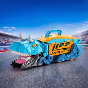 Caminhão Dinossauro 3 em 1 com Pista Dupla Dinossauro Brinquedo que Engole Carrinhos e Vira Pista de Corrida, Acompanha 4 Carrinhos de Metal, Ideal para Aniversário, Natal e Dia das Crianças