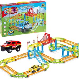 Pista de Corrida Infantil com Ponte, Conjunto Completo com Carrinho, Trilhos Coloridos e Acessórios, Brinquedo Educativo para Crianças