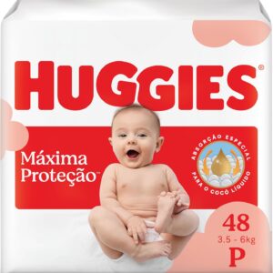 Fralda Descartável Huggies Máxima Proteção Tamanho P 48 unidades – com absorção especial para cocô líquido e indicador de troca.