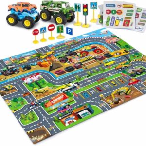 Conjunto Carrinhos com Tapete Ilustrado e Acessorios de Transito | Brinquedo Educativo Infantil +3 Anos | Estimula Coordenacao e Criatividade