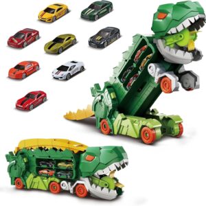 Caminhão Transportador Dinossauro T-Rex: Brinquedo Infantil com Pista de Corrida e Carrinhos (Verde)