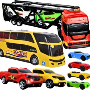Kit Brinquedo Infantil 8 Peças, Caminhão Cegonha, Ônibus, Carrinhos, Miniaturas para Meninos