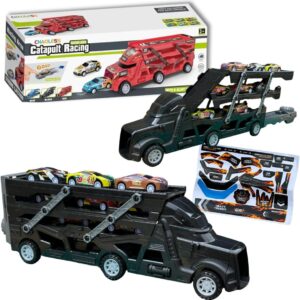 Caminhão Cegonha Carreta Pista Com Lançador E 6 Carrinhos (Preto)