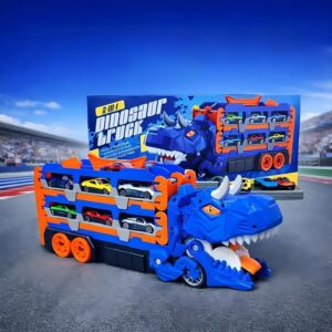 Caminhão Dinossauro 3 em 1 com Pista Dupla Dinossauro Brinquedo que Engole Carrinhos e Vira Pista de Corrida, Acompanha 6 Carrinhos de Metal, Ideal para Aniversário, Natal e Dia das Crianças