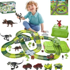 Pista Dinossauro Track Cars com Looping e Acessórios 275 Peças + Carrinho, Criar um Dinossauro World, Pista flexível Race Tracks, Brinquedos de Meninos Meninas Aniversário Party Gift