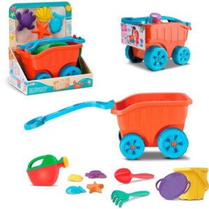Carrinho de Praia Infantil com Acessórios Kit Brinquedos de Areia com Pá, Balde, Regador e Moldes para Crianças