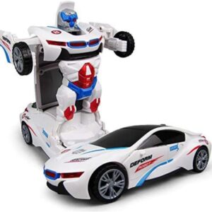 JIANW Carro a Pilha Vira Robô Emite Som e Luz Led Brinquedo Branco Interativo Inteligente Transformável Premium