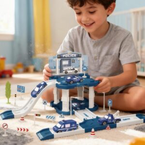 Estacionamento/Garagem de Polícia Infantil - Playset 40 Peças com 2 Carrinhos, Temática Policial, Brinquedo de Montar para Crianças