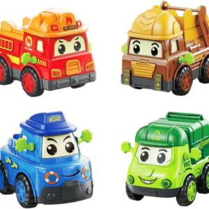 Kit 4 Carrinhos de Brinquedo Educativos Infantis com Fricção, Veículos Temáticos com Design Divertido e Faces Animadas Ideal para Presente