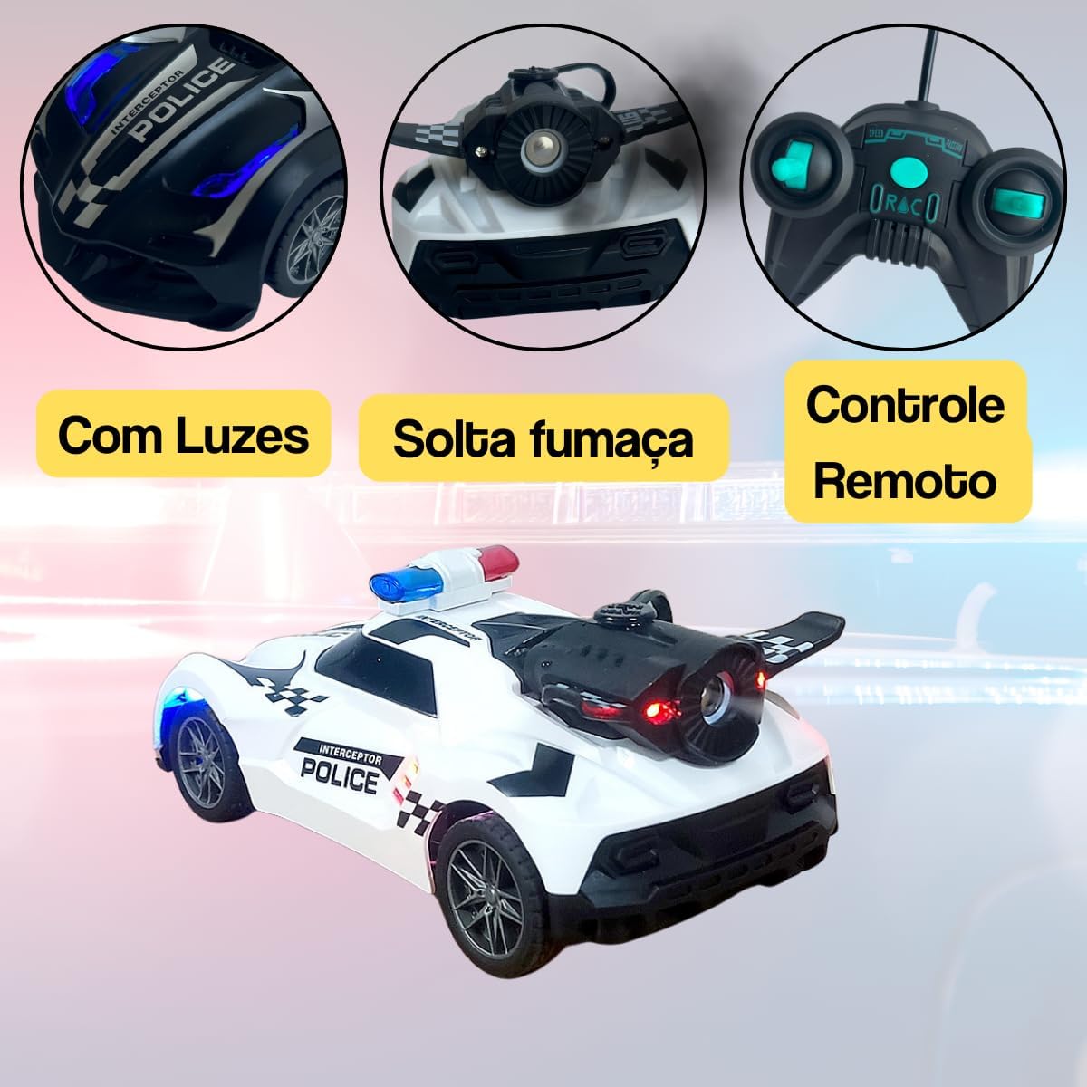 Carrinho Brinquedo Com Controle Remoto que Solta Fumaça e Luzes da Sirene (Preto) - Imagem 2