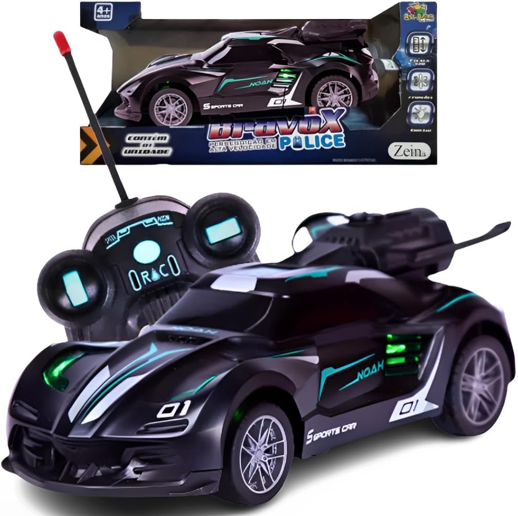 Carrinho Brinquedo Com Controle Remoto que Solta Fumaça e Luzes da Sirene (Preto)