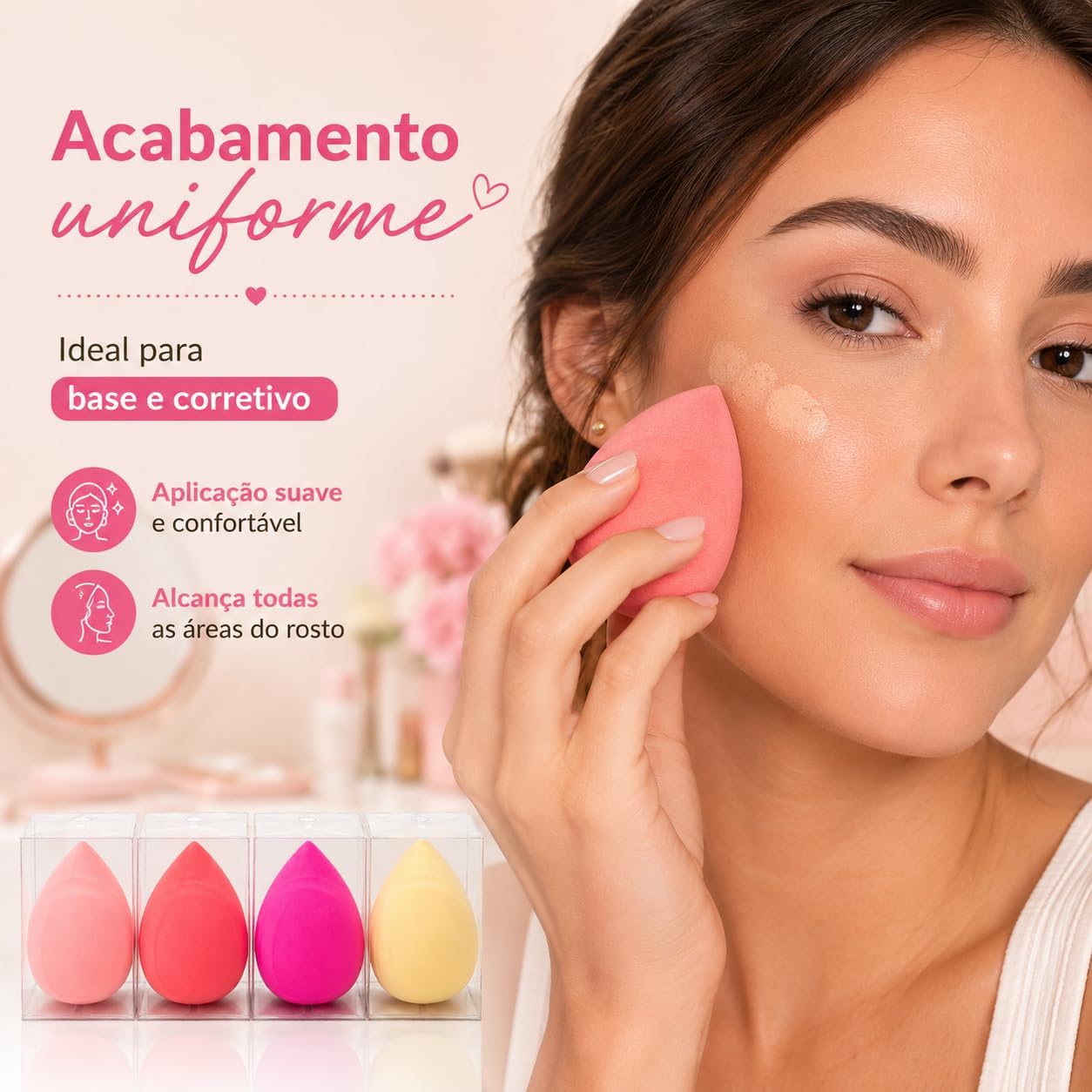 Esponja para Maquiagem Facial Gota Cores Variadas Rosa Creme Pêssego e Pink 4x6cm - Imagem 3