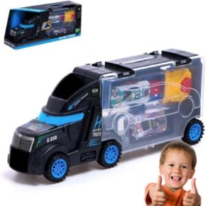 Brinquedo Caminhão Transportador de Carrinhos com Lançador, Maleta de Brinquedo, Preto e Azul