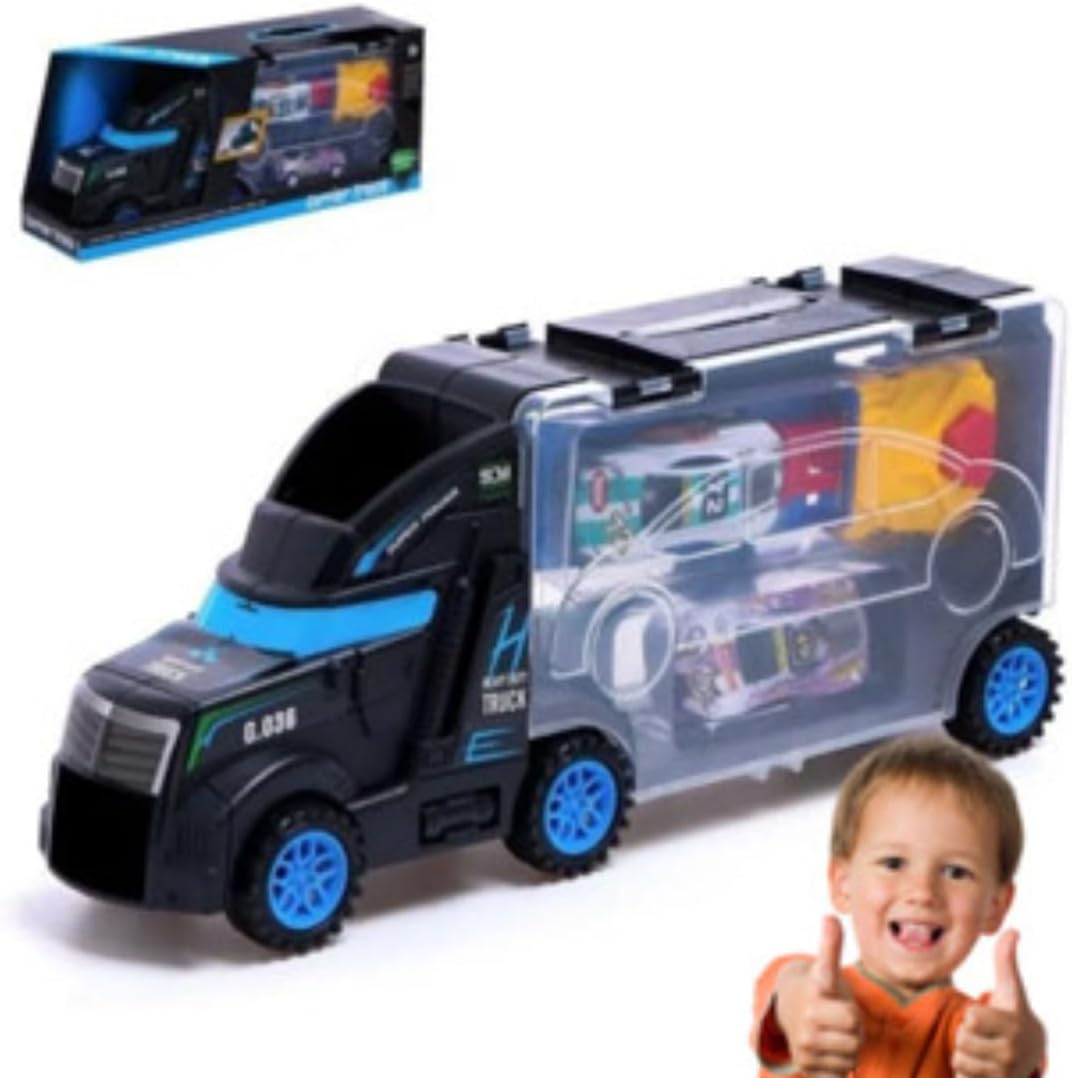 Brinquedo Caminhão Transportador de Carrinhos com Lançador, Maleta de Brinquedo, Preto e Azul