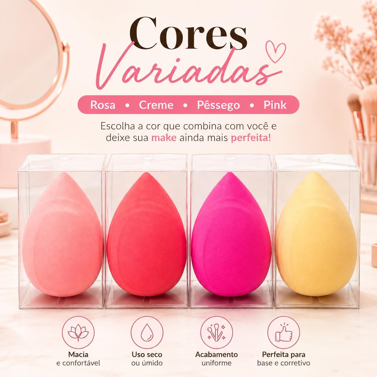 Esponja para Maquiagem Facial Gota Cores Variadas Rosa Creme Pêssego e Pink 4x6cm - Imagem 2