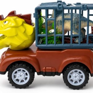 Carrinho de Dinossauro com Jaula, Brinquedo Infantil com Dinossauro e Planta, Veículo Temático Safari Jurássico, 13 x 8 cm