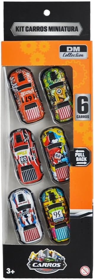 Kit com 6 Mini Carrinhos Sport Pull Back Metal 7,5cm DM Collection