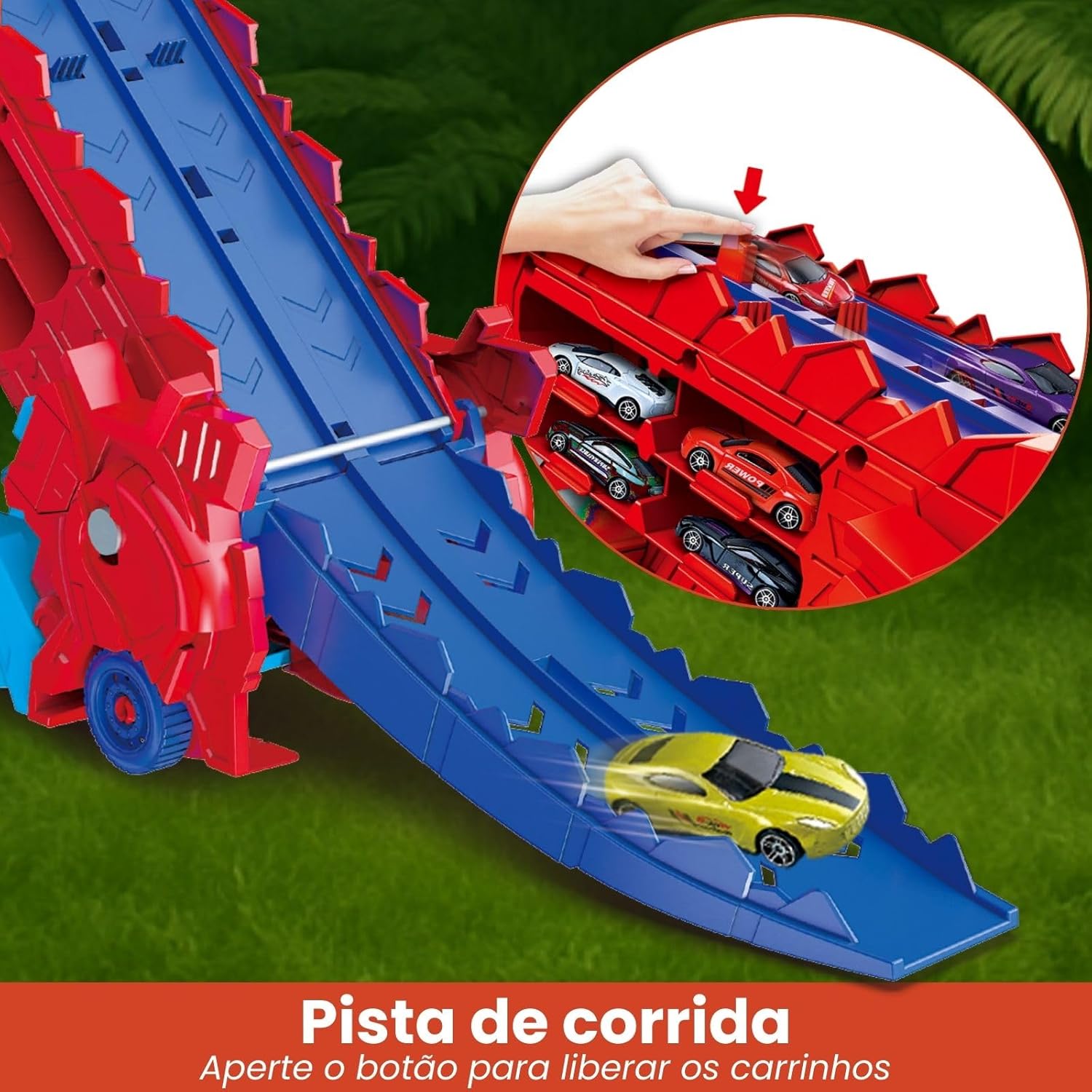 Caminhão Transportador Dinossauro T-Rex: Brinquedo Infantil com Pista de Corrida e Carrinhos (Vermelho) - Imagem 6