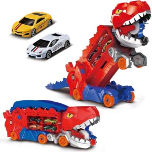 Caminhão Transportador Dinossauro T-Rex: Brinquedo Infantil com Pista de Corrida e Carrinhos (Vermelho)