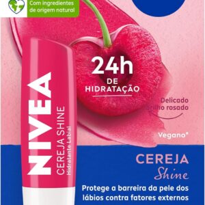 NIVEA Hidratante Labial Cereja Shine 4,8g, Hidratação Intensa 24h, Cor Suave, Brilho Delicado, Cuidado Diário, Manteiga de Karité