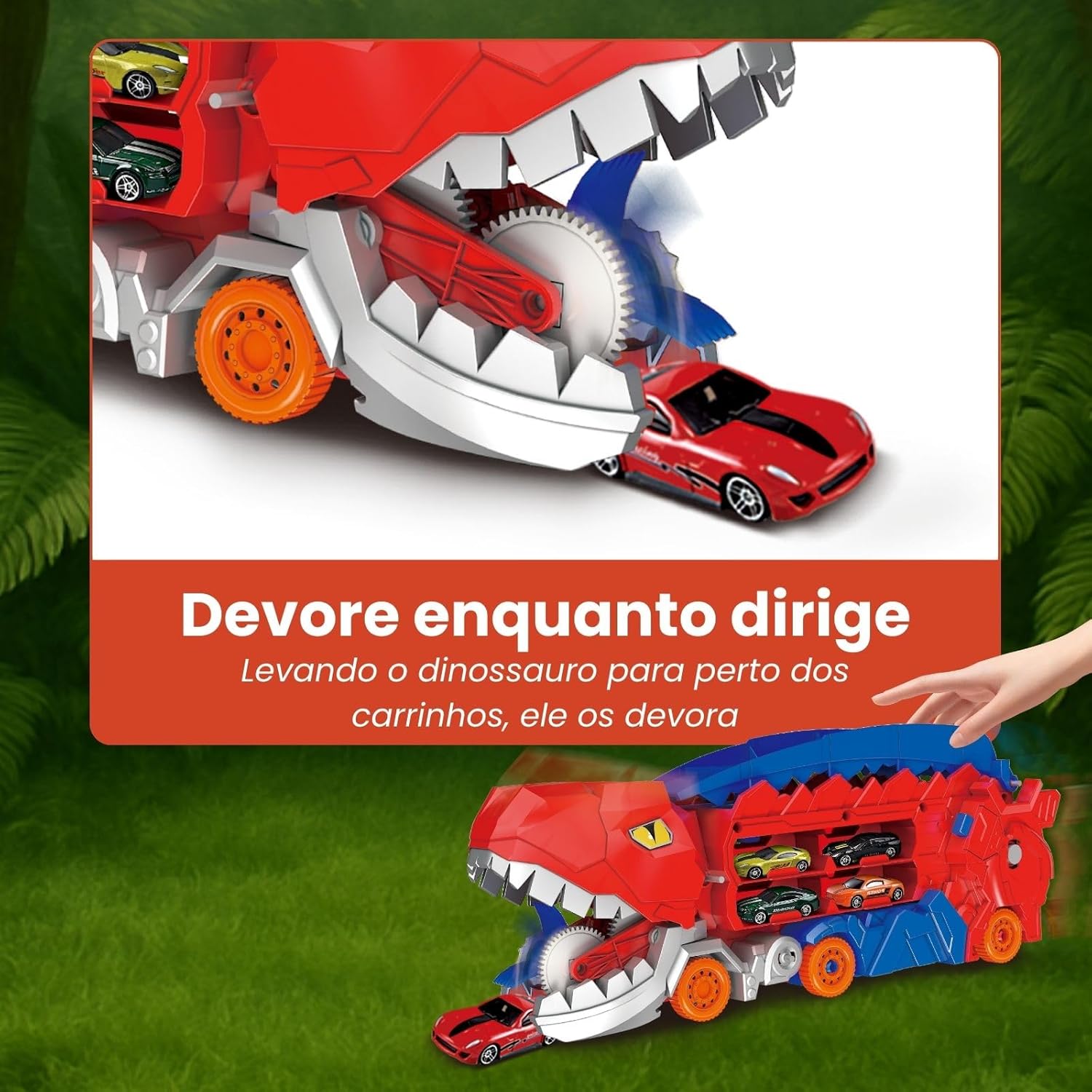 Caminhão Transportador Dinossauro T-Rex: Brinquedo Infantil com Pista de Corrida e Carrinhos (Vermelho) - Imagem 5