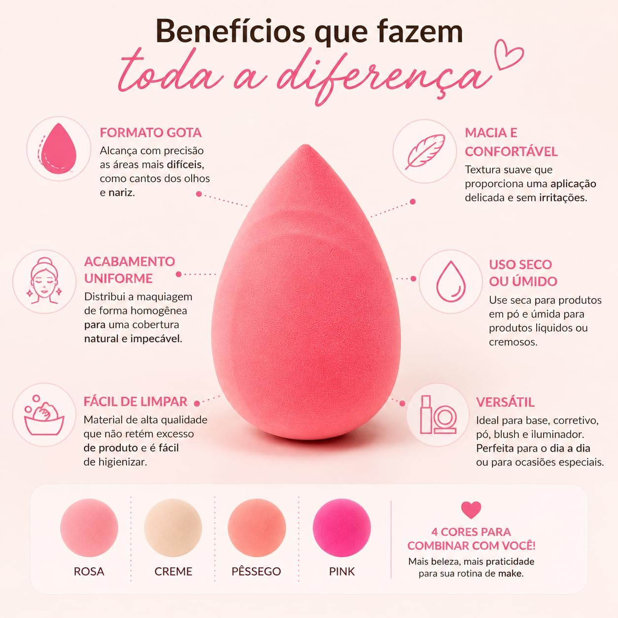 Esponja para Maquiagem Facial Gota Cores Variadas Rosa Creme Pêssego e Pink 4x6cm - Imagem 4
