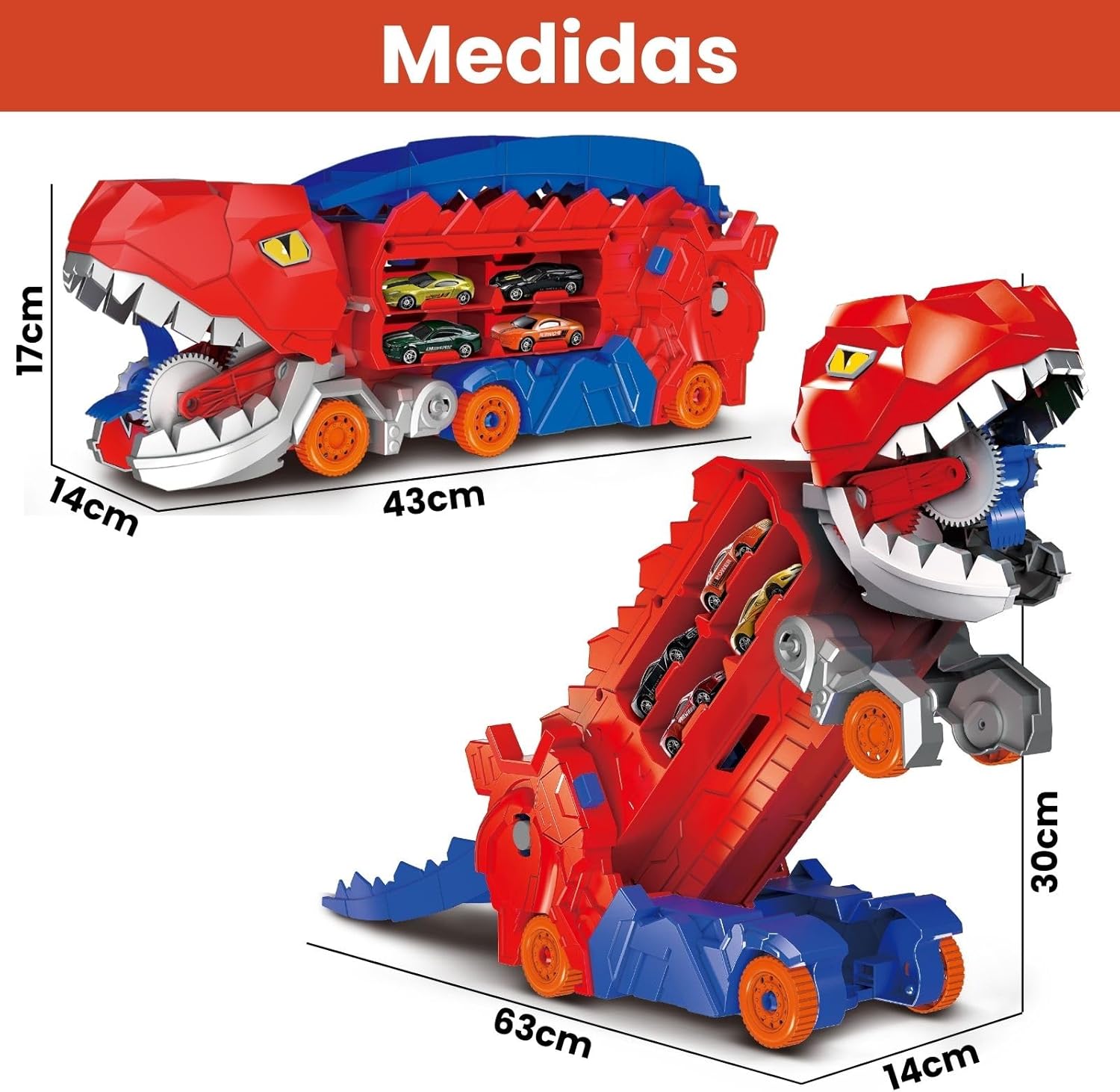 Caminhão Transportador Dinossauro T-Rex: Brinquedo Infantil com Pista de Corrida e Carrinhos (Vermelho) - Imagem 2