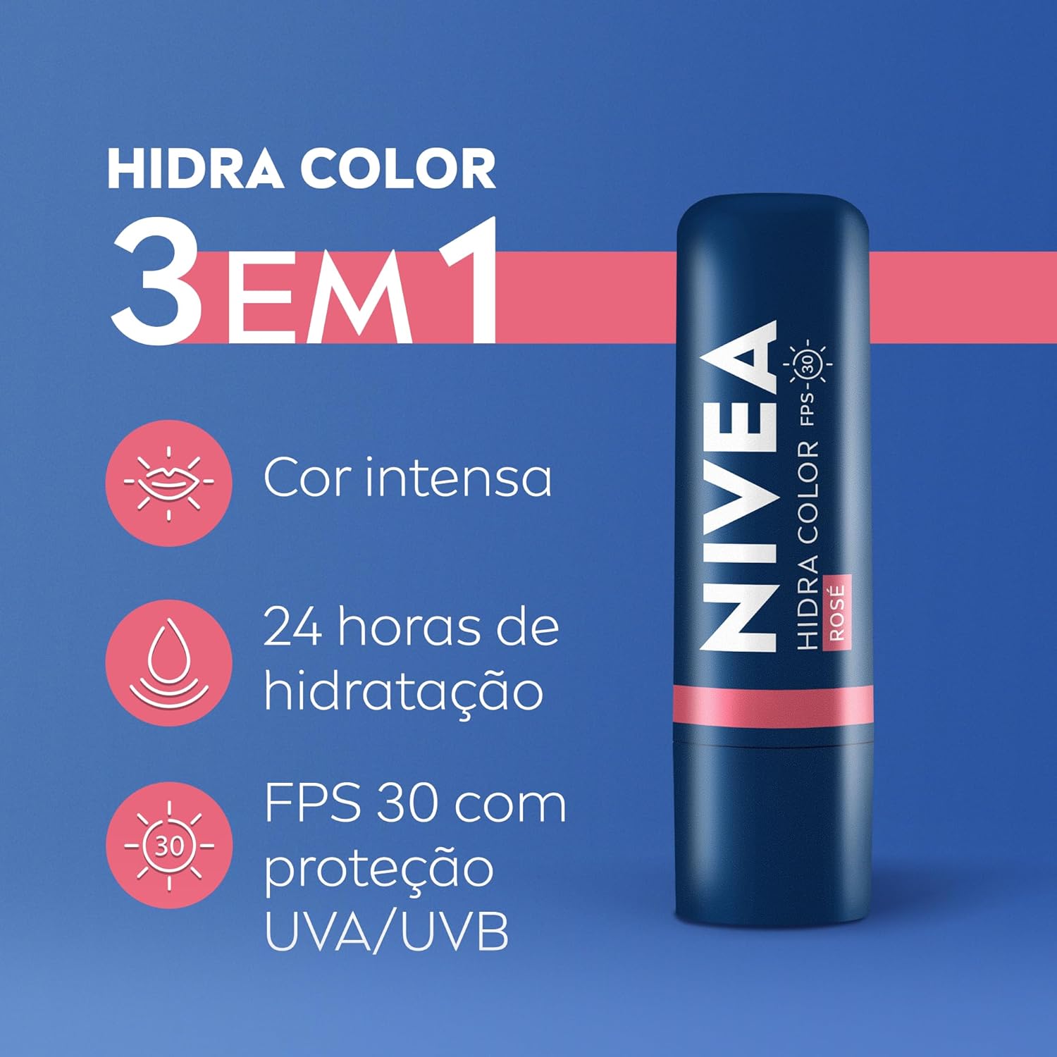 NIVEA Hidratante Labial Hidra Color 3 em 1 Rosé 4,8g, Cor Intensa, Hidratação 24h, Proteção UVA/UVB, Lábios e Bochechas - Imagem 2