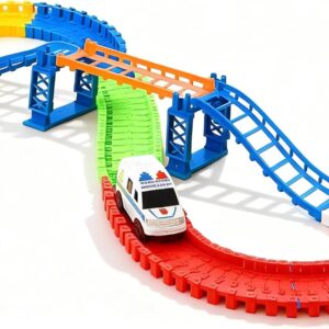 Pista Flexível Infantil 108 Peças com Carrinho Montagem Fácil, Ponte e Curvas, Brinquedo Educativo Multicolorido