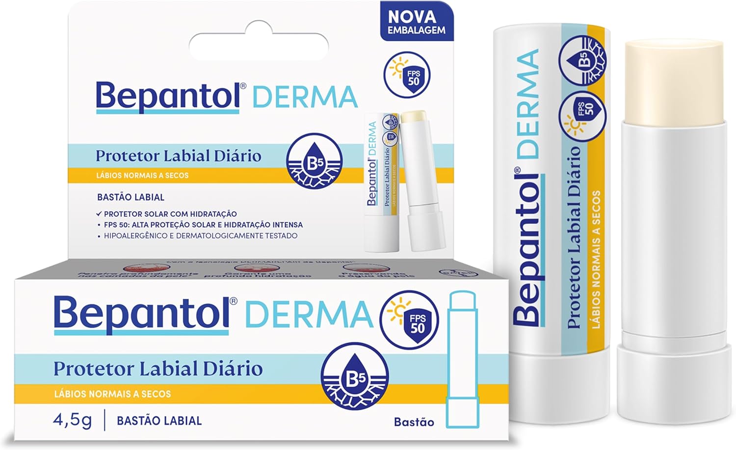 Bepantol Derma Protetor Labial Diário, Hidratante Labial FPS 50, Lábios Normais a Secos, 4,5g
