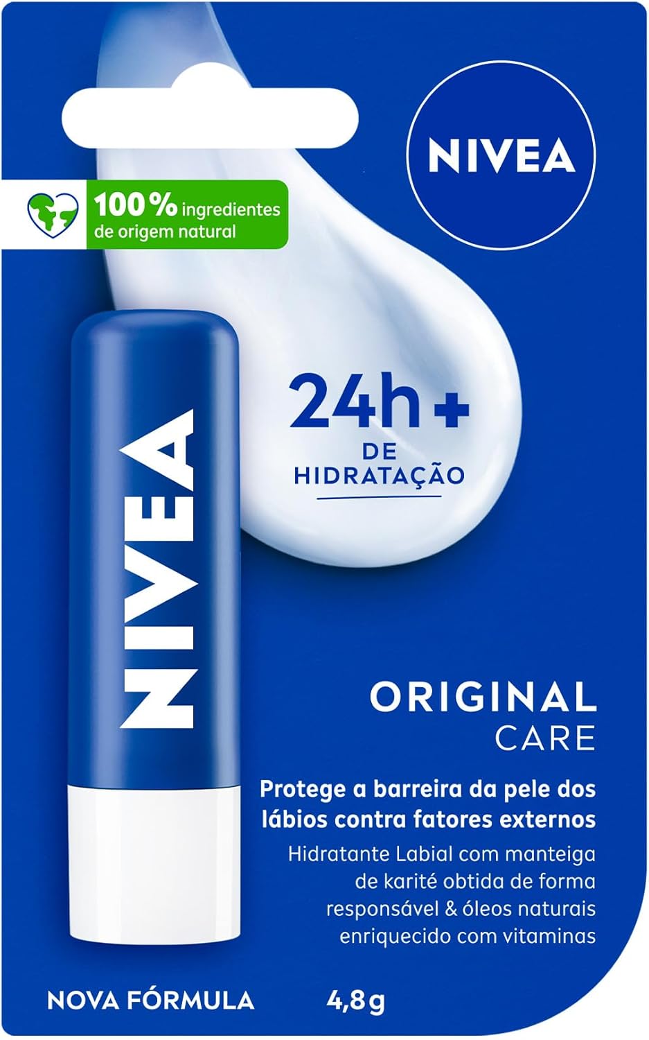 NIVEA Hidratante Labial Original Care 4,8g, Hidratação Intensa 24h, Protege contra Ressecamento, Cuidado Diário, Manteiga de Karité