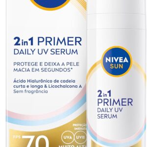 NIVEA SUN 2 em 1 Primer Daily UV Sérum FPS 70 30ml, Muito Alta Proteção UVA/UVB, Pele Uniforme, Prepara para Maquiagem, Ácido Hialurônico, Cuidado Facial