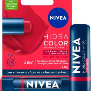 NIVEA Hidratante Labial Hidra Color 2 em 1 Vermelho 4,8g - Combina cor intensa e hidratação enriquecida com Manteiga de Karité, Óleo de Amêndoas orgânico e Vitamina E