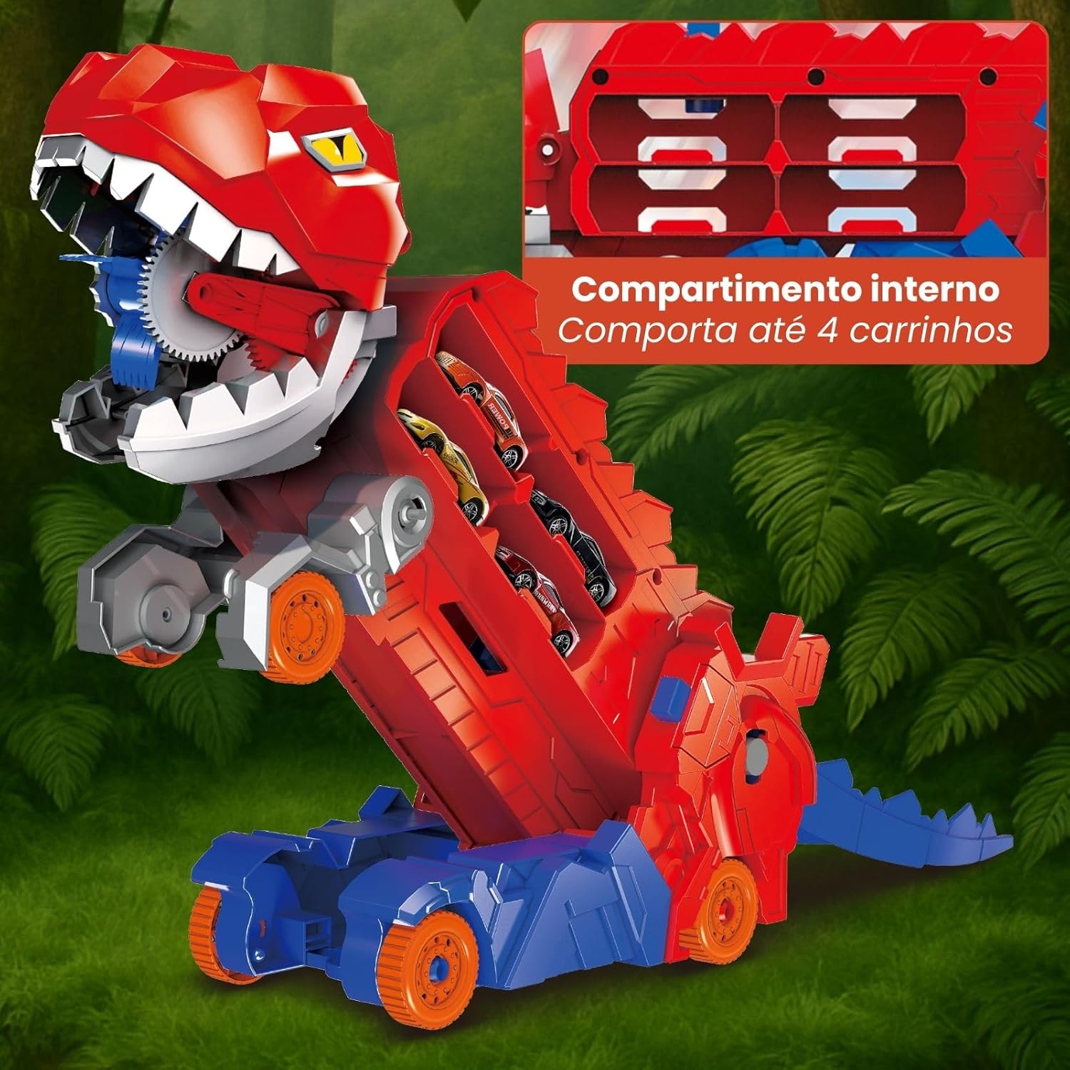 Caminhão Transportador Dinossauro T-Rex: Brinquedo Infantil com Pista de Corrida e Carrinhos (Vermelho) - Imagem 4