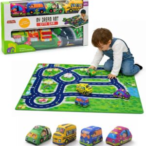 Tapete Infantil Pista com Carrinhos Macios, Brinquedo Educativo com Cidade e Veículos, Tapete de Atividades para Bebês e Crianças, Coordenação Motora e Imaginação