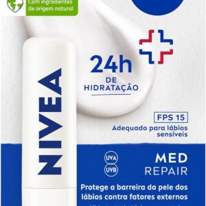NIVEA Protetor Labial Med Repair FPS15 4,8g - Hidrata e regenera os lábios ressecados e machucados, com Vitamina E e óleos naturais, proporciona reparação intensiva e alívio imediato