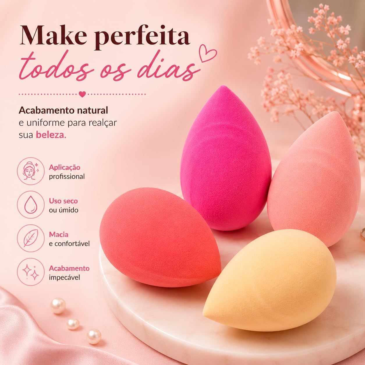 Esponja para Maquiagem Facial Gota Cores Variadas Rosa Creme Pêssego e Pink 4x6cm - Imagem 5