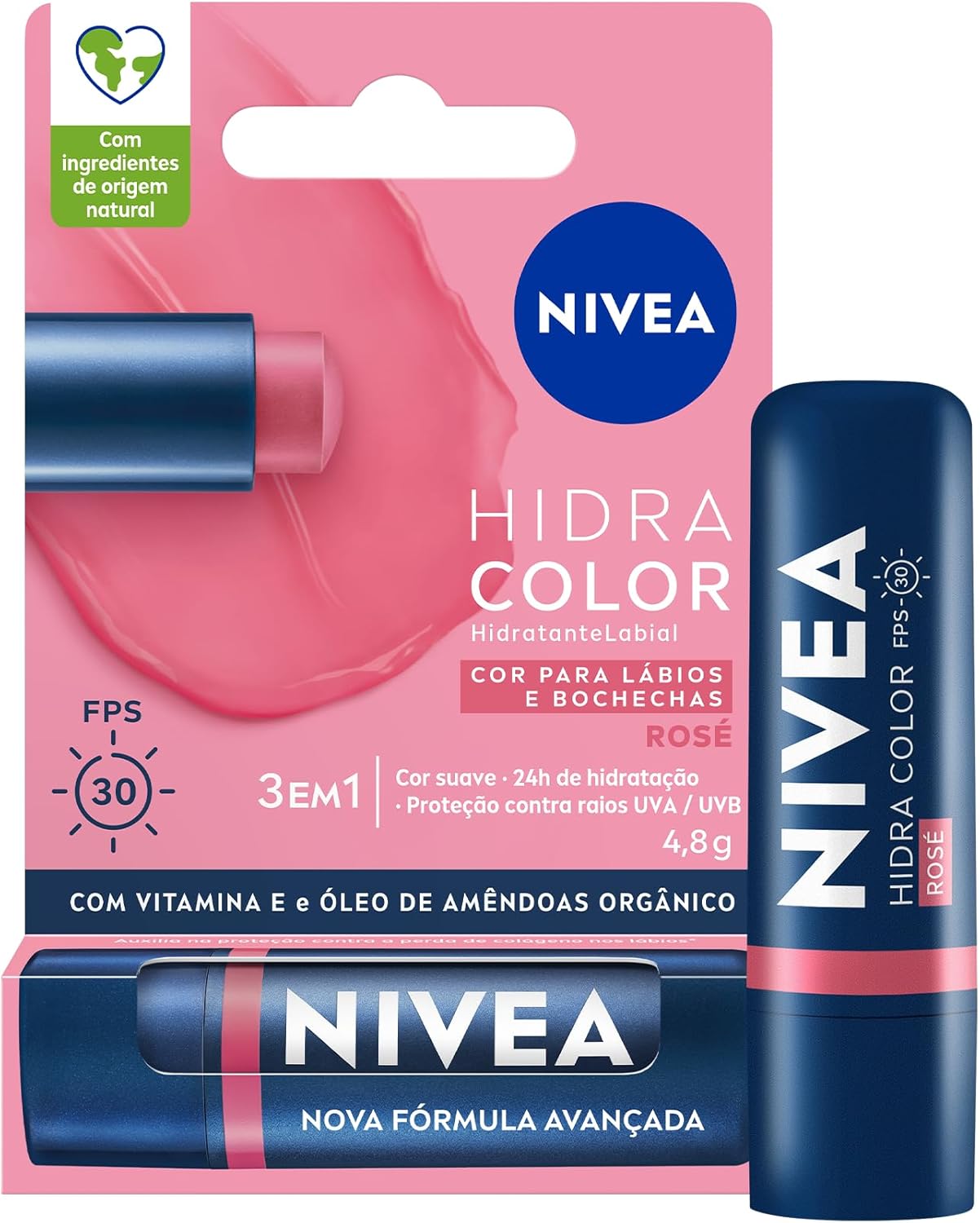 NIVEA Hidratante Labial Hidra Color 3 em 1 Rosé 4,8g, Cor Intensa, Hidratação 24h, Proteção UVA/UVB, Lábios e Bochechas