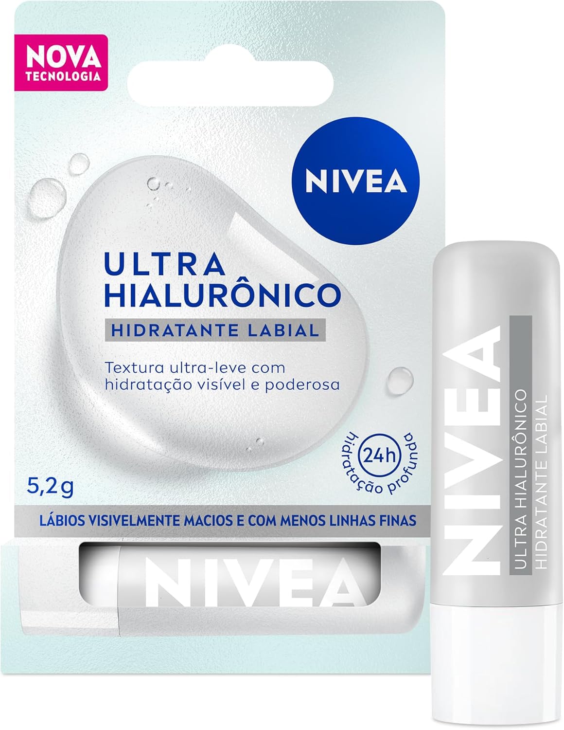 NIVEA Hidratante Labial Ultra Hialurônico 5,2g, Hidratação Profunda 24h, Lábios Macios, Ácido Hialurônico, Efeito Volume Imediato