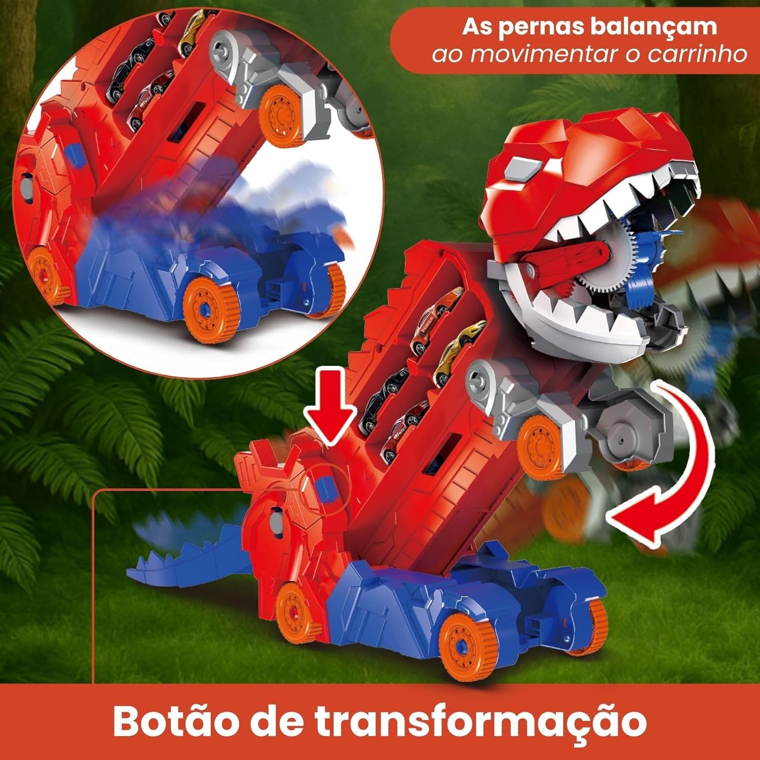 Caminhão Transportador Dinossauro T-Rex: Brinquedo Infantil com Pista de Corrida e Carrinhos (Vermelho) - Imagem 3