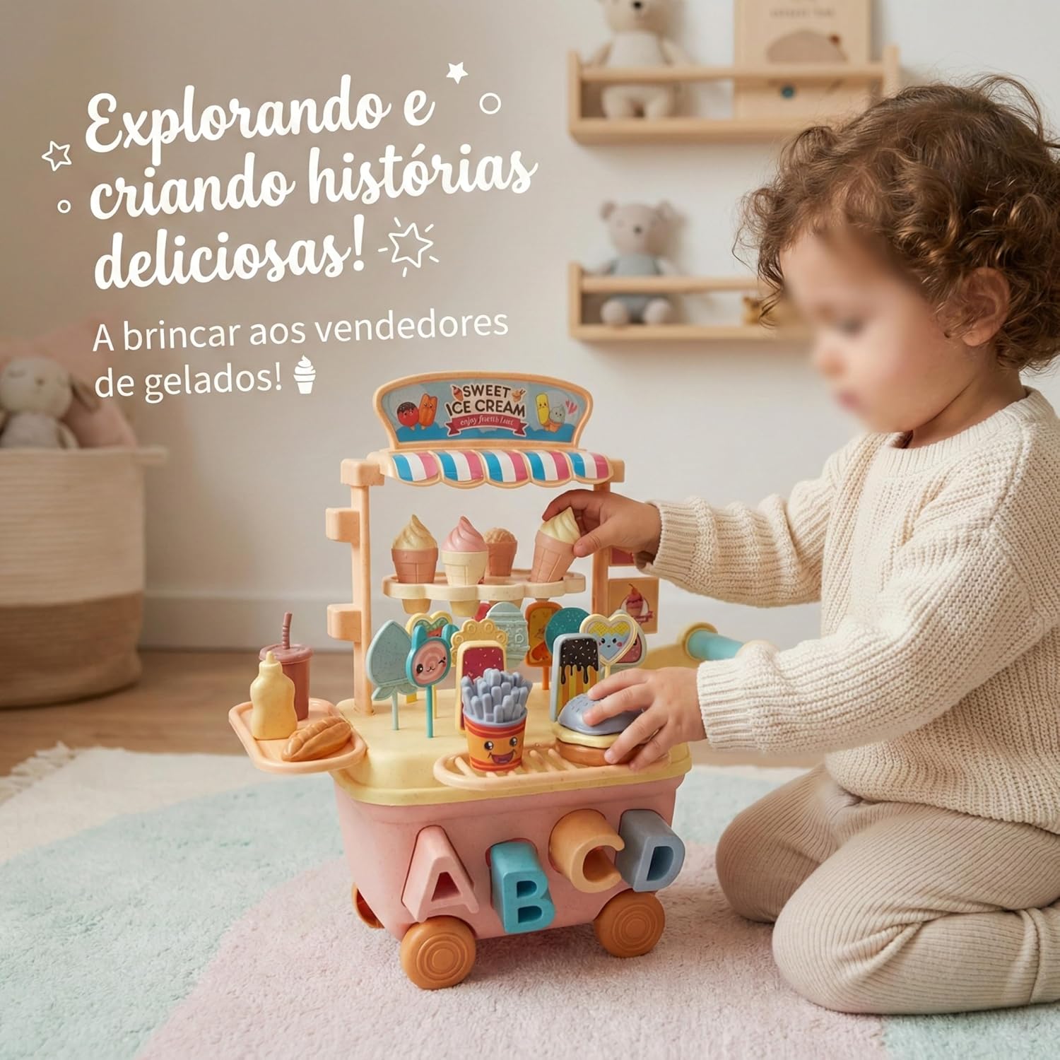 Carrinho de Sorvete e Lanchonete de Brinquedo com 41 Peças Coloridas Blocos de Encaixe Geométricos e Alfabeto Atividades Educativas e Faz de Conta Cores Tons Pastel - Imagem 3