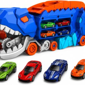 BE PLACE KIDS Carrinho Dinossauro T-Rex com Pista de Corrida Dupla + 4 Carrinhos Inclusos | Caminhão Transformável Porta-Carros Infantil | Brinquedo Educativo Interativo